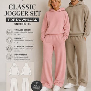 Könnte beinhalten: Ein digitales Schnittmuster für ein klassisches Jogger-Set von Beyond Sewing, bestehend aus einem rosa Kapuzenpullover mit passender Hose und einem beigen Kapuzenpullover mit passender Hose, inklusive Text zu PDF-Download und Größenangaben.