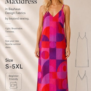 May include: A sleeveless maxi dress featuring a geometric pattern in shades of red, pink, and purple. The dress has a V-neckline, thin shoulder straps, and side slits. Text on the image includes Cotton Maxidress in Bauhaus Design Fabrics by beyond sewing, Light. Breathable. Timeless. Sew your new favorite summer dress. Size S-5XL, Beginner Friendly, and PDF DOWNLOAD.