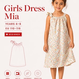 May include: A sewing pattern for a dress titled Mia by Sewing Beyond, designed for ages 4-6 or EU 110-116. The pattern features a sleeveless dress with a gathered neckline and a shoulder tie, decorated with a small floral print in pink, yellow, and blue.