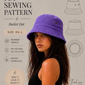 May include: A purple bucket hat with a textured fabric surface. The image includes text: BEYOND SEWING, PDF SEWING PATTERN, Bucket Hat, SIZE XS-L, BEGINNER FRIENDLY, PDF PATTERN A4 / US LETTER, INSTANT DOWNLOAD, SEW IT LOVE IT WEAR IT, Thank you.