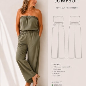 Off Shoulder Jumpsuit Sewing Pattern PDF, Wide Leg Overall Pattern, Strapless Jumpsuit, Elastic Waist Romper, Digital Sewing Guide