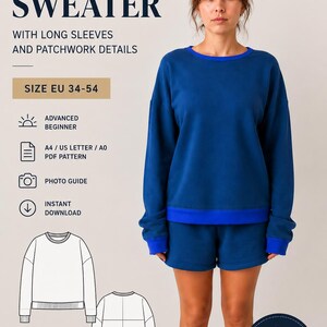 Könnte beinhalten: Ein digitales Schnittmuster für einen Pullover mit langen Ärmeln und Patchwork-Details, mit Text BEYOND SEWING, SWEATER, SIZE EU 34-54 sowie Symbolen für PDF-Schnittmuster und Fotoanleitungen. Das Bild zeigt einen blauen Pullover und Shorts.