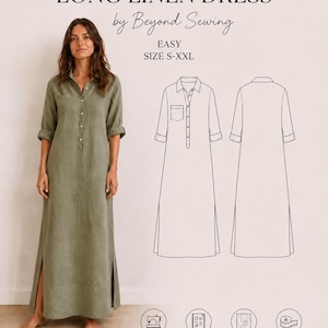 Puede incluir: Un patrón de costura para un vestido largo de lino de Beyond Sewing, talla S-XXL. La imagen muestra un vestido abotonado de color verde salvia con cuello, mangas largas y aberturas laterales, junto a un dibujo técnico de frente y espalda.