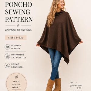 Może przedstawiać: Wykrój na ponczo w kolorze ciemnobrązowym od Beyond Sewing. Tekst zawiera PONCHO SEWING PATTERN, SIZES S-5XL, BEGINNER FRIENDLY, PDF PATTERN A4 / US LETTER, INSTANT DOWNLOAD, SEW IT LOVE IT WEAR IT oraz THANK YOU FOR SUPPORTING INDEPENDENT DESIGN.