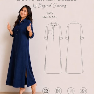 Op de afbeelding: Een naaipatroon voor een lange linnen jurk van Beyond Sewing, met een marineblauwe doorknoopjurk met zijsplitten en een borstzak. De afbeelding bevat een technische lijntekening van de voor- en achterkant van de jurk, met tekst die de maten S-XXL, beginnersvriendelijk, stapsgewijze instructies en een printbaar PDF-patroon aangeeft.