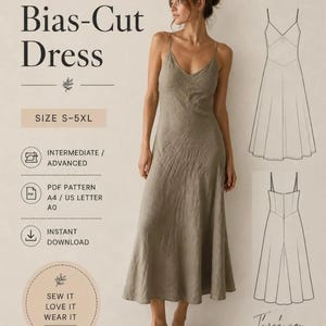 Patron de couture PDF pour robe coupée en biais, robe nuisette, robe maxi en lin, robe à fines bretelles en satin, robe d'été, patron de couture numérique tailles S à 5XL