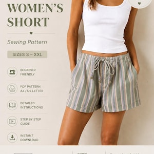 May include: A digital sewing pattern for shorts, featuring text including "BEYOND SEWING," "WOMEN'S SHORT," and "SIZES S - XXL." The graphic displays a white ribbed tank top and striped shorts with an elastic drawstring waist and side pockets.