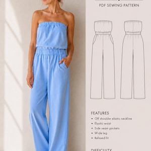 May include: A light blue off-shoulder jumpsuit with an elastic neckline, elastic waist, side seam pockets, and wide legs. The text reads: by beyond sewing, OFF SHOULDER JUMPSUIT, PDF SEWING PATTERN, FEATURES, Off shoulder elastic neckline, Elastic waist, Side seam pockets, Wide leg, Relaxed fit, DIFFICULTY, BEGINNER, SIZE: S-3XL.