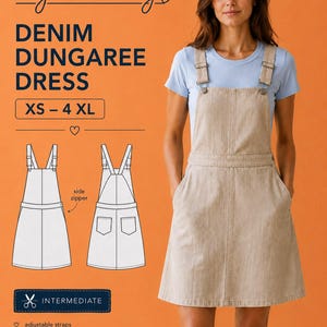 Linen Dungaree Kleid Schnittmuster PDF, Leinen Overall Kleid Damen, Minimalistischer Sommer Look XS-4XL