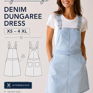 Sukienka ogrodniczka z jeansu, wzór w formacie PDF, sukienka ogrodniczka z spranego jeansu, sukienka letnia, rozmiar XS-4XL