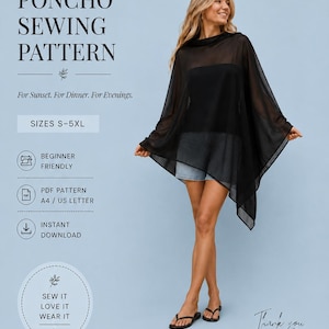 Puede incluir: Un patrón de costura para poncho negro de Beyond Sewing. El texto dice: BEYOND SEWING, PONCHO SEWING PATTERN, For Sunset. For Dinner. For Evenings., SIZES S-5XL, BEGINNER FRIENDLY, PDF PATTERN A4 / US LETTER, INSTANT DOWNLOAD, SEW IT LOVE IT WEAR IT.