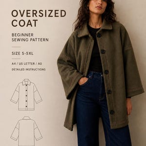 以下が含まれることがあります： Beyond Sewingというタイトルの裁縫パターンで紹介されている、襟とダークカラーのボタンが付いたオーバーサイズのオリーブグリーンのコート。パターンにはS-5XLのサイズ、A4、USレター、A0フォーマット、詳細な説明書、PDFの即時ダウンロードが含まれています。