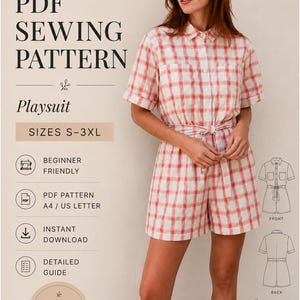 Puede incluir: Un patrón de costura en PDF para un mono corto de Beyond Sewing. El mono presenta un estampado de cuadros blancos y rojos, cuello, mangas cortas y una cintura para anudar. El documento incluye texto, iconos y dibujos de vistas frontal y trasera.