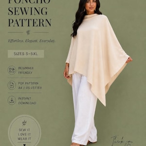 May include: A beige poncho sewing pattern by Beyond Sewing with text including Poncho Sewing Pattern, Sizes S-5XL, Beginner Friendly, PDF Pattern A4 / US Letter, Instant Download, Sew It Love It Wear It, and Thank You For Supporting Independent Design.