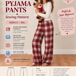 May include: A sewing pattern for pyjama pants by Beyond Sewing, featuring sizes S-5XL. The document includes text for super beginner friendly instructions, a step-by-step photo guide, and PDF pattern formats. It displays a graphic of plaid pants.