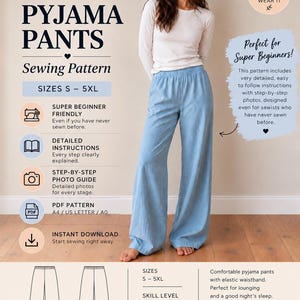May include: A digital sewing pattern for pyjama pants by Beyond Sewing, featuring sizes S to 5XL. The document includes text for super beginners, detailed instructions, a step-by-step photo guide, PDF pattern formats, and an instant download option.