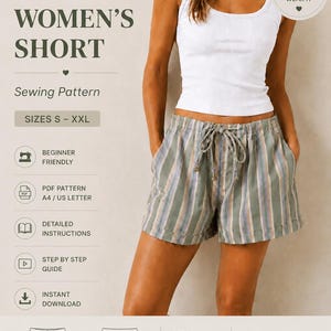 May include: A digital sewing pattern for shorts labelled Women's Short, sizes S-XXL. The image displays a white ribbed tank top and striped green, blue, and white shorts with a drawstring waist. Text includes Beyond Sewing, Beginner Friendly, PDF Pattern, and Instant Download.