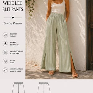 May include: A digital sewing pattern for wide leg slit pants titled Beyond Sewing. The document includes text, icons, and a technical line drawing of the pants. It features a photograph of a person wearing light green striped pants with side slits.