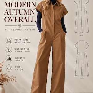 Peut inclure: Un patron de couture PDF pour une salopette marron intitulé Modern Autumn Overall par Beyond Sewing. Le patron inclut des dessins techniques de face et de dos, des instructions pour formats A4 et US letter, et des tailles du S au 5XL. Le texte comprend Beyond Sewing, beyondsewing.shop, Modern Autumn Overall, PDF Sewing Pattern, PDF Pattern A4 & US Letter, Step-by-step Instructions, Beginner Friendly, Sizes S-5XL, et Sew Wear Repeat.