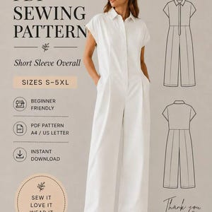 May include: A PDF sewing pattern for a short sleeve overall by Beyond Sewing. The design features a collared, button-front jumpsuit with wide legs. The document includes technical line drawings of the front and back, size range S-5XL, and instructions for A4 or US Letter printing formats.