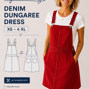 Denim Dungaree Dress Sewing Pattern PDF Overall Dress Pattern Washed Denim Pinafore Dress Women Intermediate Easy Summer Dress XS-4XL