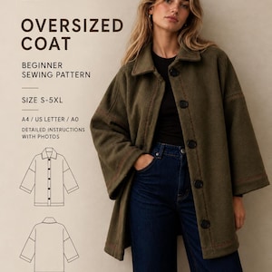 May include: An oversized olive green coat with a collar and dark buttons, featured in a digital sewing pattern titled Beyond Sewing. The pattern includes size S-5XL, A4/US Letter/A0 formats, and detailed instructions with photos for this garment.