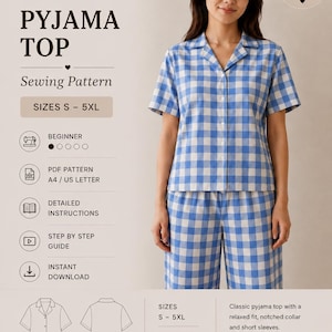 Flannel Pajama Top Sewing Pattern PDF, Button Up Sleepwear Pattern, Cozy Loungewear Shirt, Beginner Sewing Pattern, Digital Download Pyjama