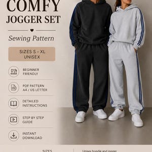 May include: A sewing pattern for a unisex comfy jogger set, featuring a dark charcoal hoodie and joggers with blue side stripes, and a light gray hoodie and joggers with blue side stripes. Text includes BEYOND SEWING, COMFY JOGGER SET, and S-XL.
