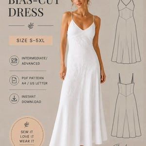 Puede incluir: Un patrón de costura para vestido de corte al bies de Beyond Sewing. La imagen muestra el vestido, dibujos técnicos de línea del frente y la espalda, y texto que incluye Size S-5XL, Intermediate/Advanced, PDF Pattern A4/US Letter e Instant Download.