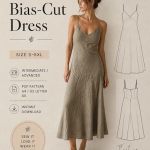 Puede incluir: Un patrón de costura en PDF para un vestido de corte al bies, etiquetado como Beyond Sewing. El documento incluye texto para tallas S-5XL, nivel intermedio/avanzado, y formatos A4, US Letter y A0. Incluye una foto y dibujos lineales.