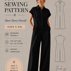 Puede incluir: Un mono negro de manga corta con cuello y pantalones de pierna ancha. La imagen incluye el texto BEYOND SEWING, PDF SEWING PATTERN, Short Sleeve Overall, SIZES S-5XL, BEGINNER FRIENDLY, PDF PATTERN A4 / US LETTER, INSTANT DOWNLOAD.