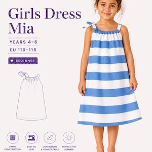 May include: A young girl wearing a blue and white striped dress. The dress has a simple design with tie straps. The image includes text that reads "Girls Dress Mia" and "Years 4-6". The dress is lightweight and comfortable, perfect for summer.
