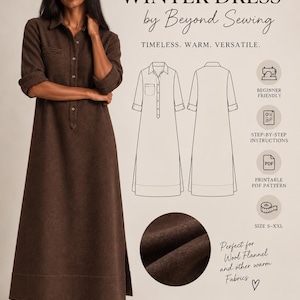 Op de afbeelding: Een naaipatroon voor een enkellange, bruine jurk met lange mouwen, een kraag, een knoopsluiting aan de voorzijde en een borstzak. De afbeelding bevat technische lijntekeningen, een stofstaal en de tekst SEWING PATTERN WINTER DRESS by Beyond Sewing.