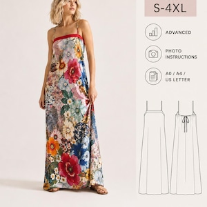 May include: A sewing pattern for a floor-length slip dress with a red neckline trim and a multi-colored floral print. The document includes text reading Beyond Sewing Back Tie Slip Dress, size S-4XL, advanced, photo instructions, and A0/A4/US Letter.