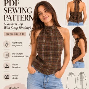 May include: A PDF sewing pattern for a backless top with strap binding, featuring a brown plaid fabric. The design includes a high neckline and a tie-back closure. The pattern is available in sizes 34-54 and includes a photo guide for assembly.