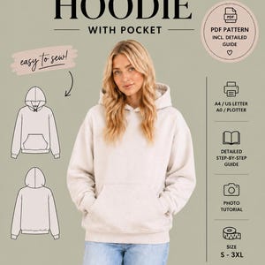 Oversized Hoodie Sewing Pattern PDF for Women Men Sweatshirt Pattern with Pocket Relaxed Fit,  Instant Download A4 US Letter A0, Sizes S–3XL