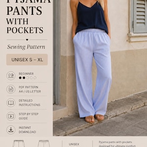 Könnte beinhalten: Ein Schnittmuster für eine Unisex-Pyjamahose mit Taschen in hellblau-weißem Nadelstreifendesign. Das Dokument enthält Textangaben zum Schwierigkeitsgrad Anfänger, PDF-Format, detaillierte Anleitungen und eine Sofort-Download-Option.