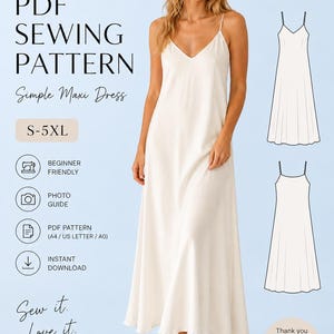 Simple Maxi Dress Sewing Pattern PDF Brides Dress Bias Cut Slip Dress Women's Maxi Dress Pattern Spaghetti Strap Dress S-5XL A4 A0 US Letter