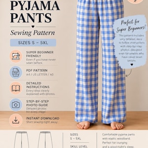 May include: A sewing pattern for pyjama pants featuring a blue and white gingham check design. The document includes text such as BEYOND SEWING, PYJAMA PANTS, SIZES S-5XL, and instructions for beginners, alongside a line drawing of the pants.