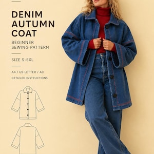 May include: A digital sewing pattern for a denim autumn coat from Beyond Sewing. The image displays a blue denim coat with red stitching, a collar, and buttons, paired with matching jeans and a red turtleneck. Includes text and line drawings.