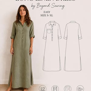 Patrón Vestido Largo de Lino PDF Vestido Camisero Fácil Patrón Digital Maxi Dress Mujer Talla S XL