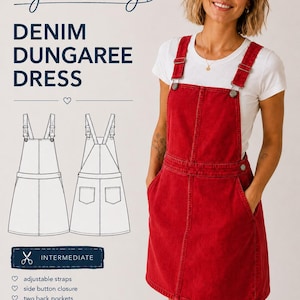 Peut inclure: Patron de couture de robe salopette en jean rouge par "beyond sewing". L'image montre une femme portant la robe et un dessin au trait de la robe. Caractéristiques : bretelles réglables, fermeture boutonnée sur le côté, deux poches arrière. Tailles XS-4XL.