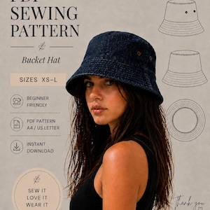 May include: PDF sewing pattern for a bucket hat. The image shows a woman wearing a dark denim bucket hat. The pattern includes sizes XS-L and is beginner-friendly. The pattern is a PDF, A4/US letter, and is an instant download.