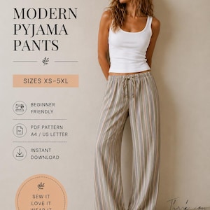 Puede incluir: Un patrón de costura digital para pantalones de pijama modernos con una camiseta sin mangas blanca y pantalones de pierna ancha con rayas verticales en tonos verde, gris y melocotón. El texto incluye Beyond Sewing, Modern Pyjama Pants, XS-5XL.