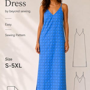 Könnte beinhalten: Ein blau-hellblau kariertes Maxikleid mit dünnen Spaghettiträgern und V-Ausschnitt. Das Bild enthält den Text: Maxi Dress by beyond sewing. Easy. Sewing Pattern. Size S-5XL. PDF DOWNLOAD. Zudem sind zwei schwarze Strichzeichnungen des Kleides zu sehen.