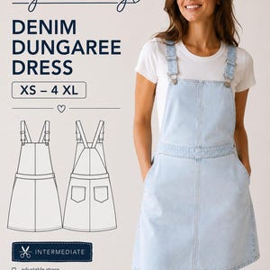 May include: A light blue denim dungaree dress sewing pattern by beyond sewing. The pattern includes sizes XS-4 XL, intermediate skill level, adjustable straps, side button closure, two back pockets, clean finish inside, and step-by-step instructions.