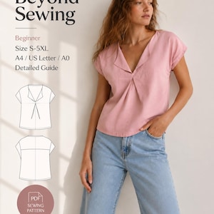 May include: A PDF sewing pattern titled Beyond Sewing for a short-sleeved blouse with a V-neckline and front pleat detail. The pattern includes sizes S-5XL and is compatible with A4, US Letter, and A0 paper formats for home printing.