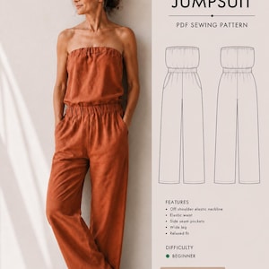 May include: A rust-colored off-shoulder jumpsuit with an elastic neckline, elastic waist, and wide legs with side seam pockets. The image includes a technical line drawing of the jumpsuit and text reading Off Shoulder Jumpsuit PDF Sewing Pattern.