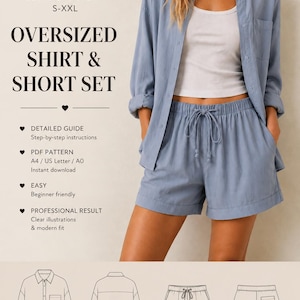May include: A sewing pattern for an oversized shirt and short set, sizes S-XXL. The image displays a blue button-down shirt and matching drawstring shorts, with technical line drawings showing front and back views of the garments and pocket details.