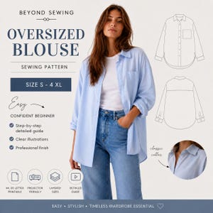 Könnte beinhalten: Ein Schnittmuster für eine Oversized-Bluse, Größe S-4XL, mit einem hellblauen Hemd mit klassischem Kragen, langen Ärmeln und einer Brusttasche. Enthält technische Strichzeichnungen der Vorder- und Rückseite sowie eine Nahaufnahme des Kragens.